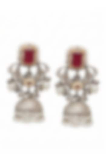 Oxidised Silver Finish Ruby Stone & Pearl Jhumka Earrings by Johori at Pernia's Pop Up Shop