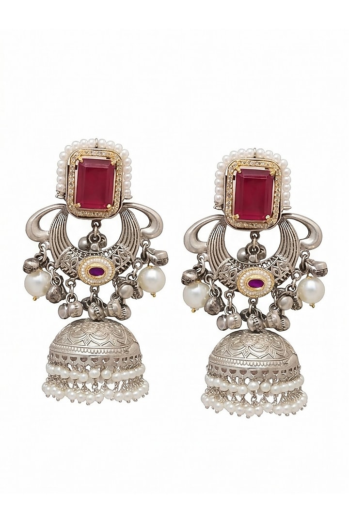 Oxidised Silver Finish Ruby Stone & Pearl Jhumka Earrings by Johori at Pernia's Pop Up Shop