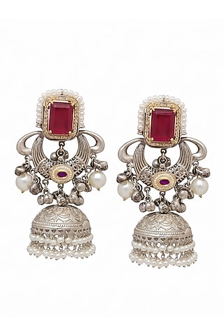Oxidised Silver Finish Ruby Stone & Pearl Jhumka Earrings by Johori
