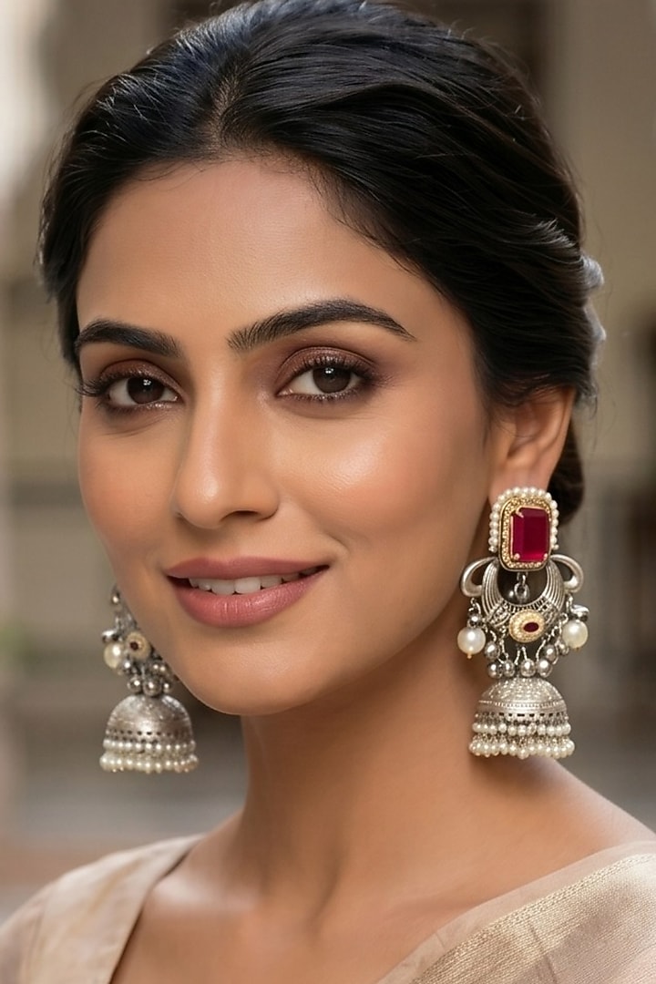 Oxidised Silver Finish Ruby Stone & Pearl Jhumka Earrings by Johori at Pernia's Pop Up Shop
