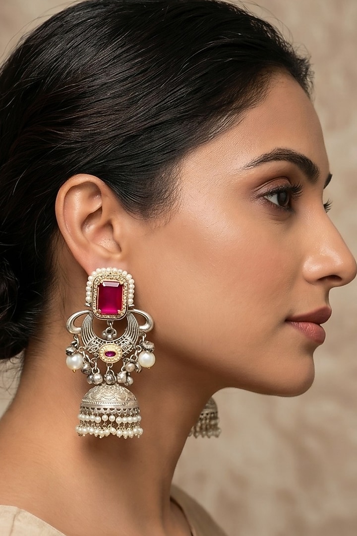 Oxidised Silver Finish Ruby Stone & Pearl Jhumka Earrings by Johori at Pernia's Pop Up Shop