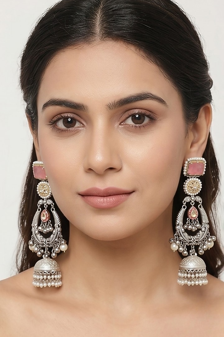 Oxidised Silver Finish Pink Stone & Pearl Jhumka Earrings by Johori at Pernia's Pop Up Shop