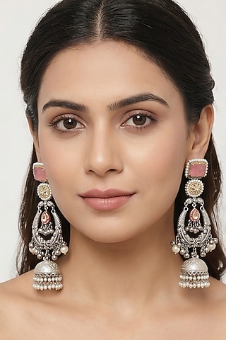 Oxidised Silver Finish Pink Stone & Pearl Jhumka Earrings by Johori