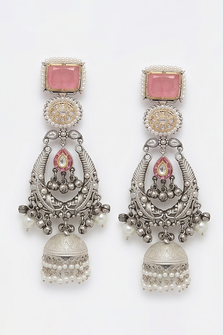 Oxidised Silver Finish Pink Stone & Pearl Jhumka Earrings by Johori at Pernia's Pop Up Shop
