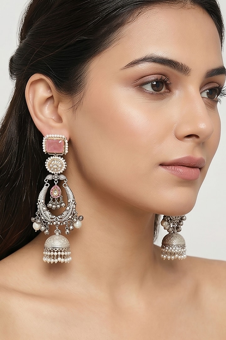 Oxidised Silver Finish Pink Stone & Pearl Jhumka Earrings by Johori at Pernia's Pop Up Shop