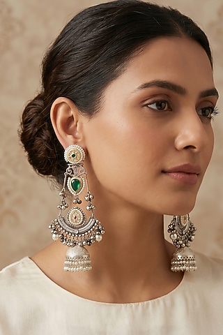 Oxidised Silver Finish Green Stone & Pearl Jhumka Earrings by Johori