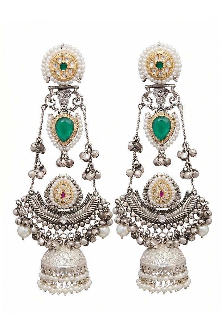 Oxidised Silver Finish Green Stone & Pearl Jhumka Earrings by Johori at Pernia's Pop Up Shop