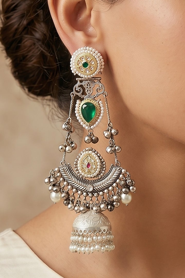Oxidised Silver Finish Green Stone & Pearl Jhumka Earrings by Johori at Pernia's Pop Up Shop