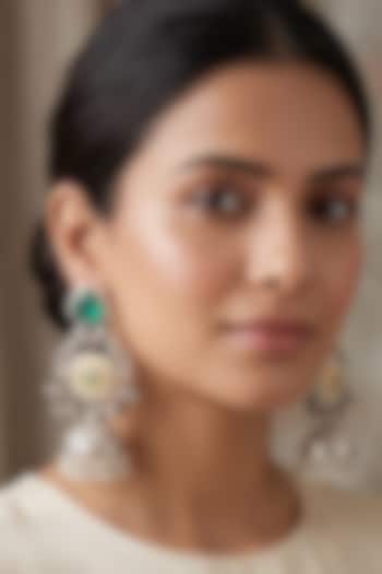 Oxidised Silver Finish Russian Emerald Stone & Pearl Jhumka Earrings by Johori at Pernia's Pop Up Shop