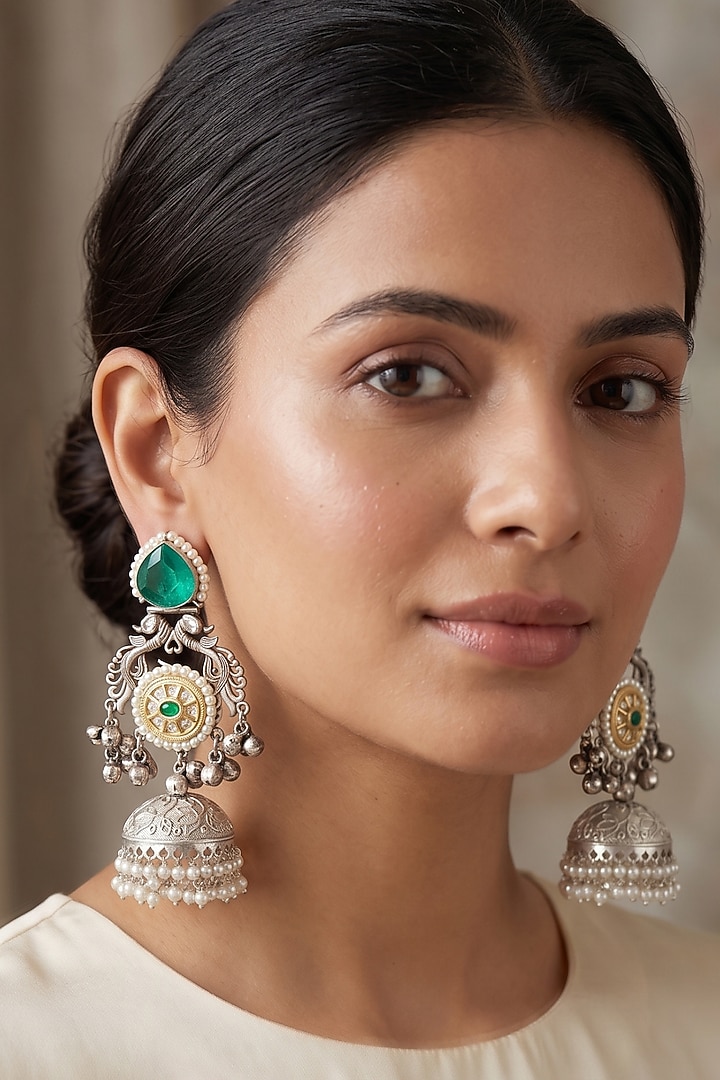 Oxidised Silver Finish Russian Emerald Stone & Pearl Jhumka Earrings by Johori at Pernia's Pop Up Shop