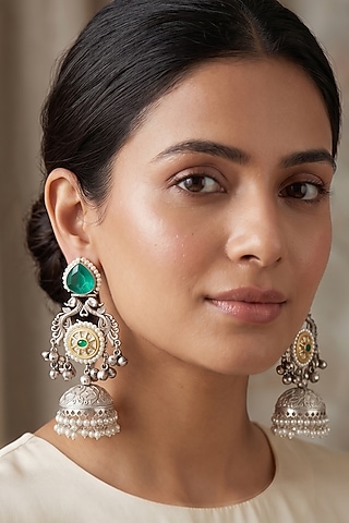 Oxidised Silver Finish Russian Emerald Stone & Pearl Jhumka Earrings by Johori