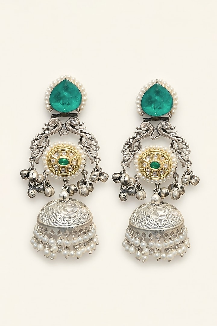 Oxidised Silver Finish Russian Emerald Stone & Pearl Jhumka Earrings by Johori at Pernia's Pop Up Shop