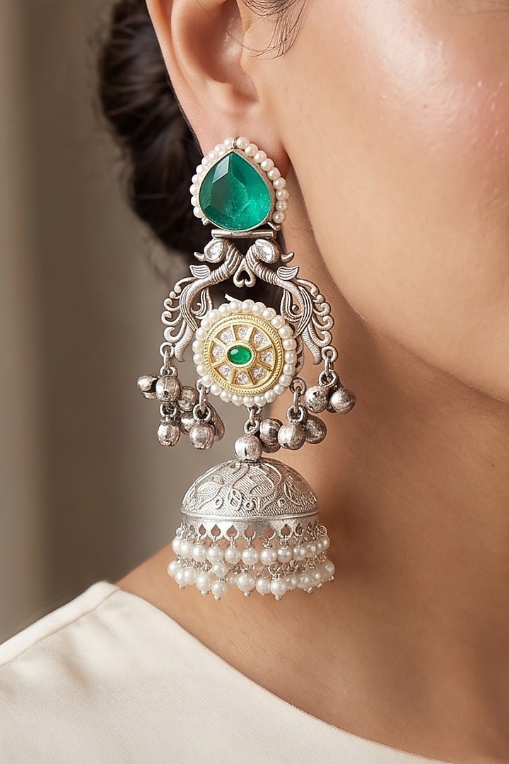 Oxidised Silver Finish Russian Emerald Stone & Pearl Jhumka Earrings by Johori at Pernia's Pop Up Shop
