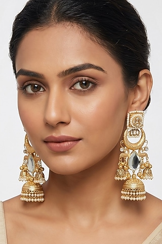 Gold Finish Mirror Stone & Pearl Jhumka Earrings by Johori