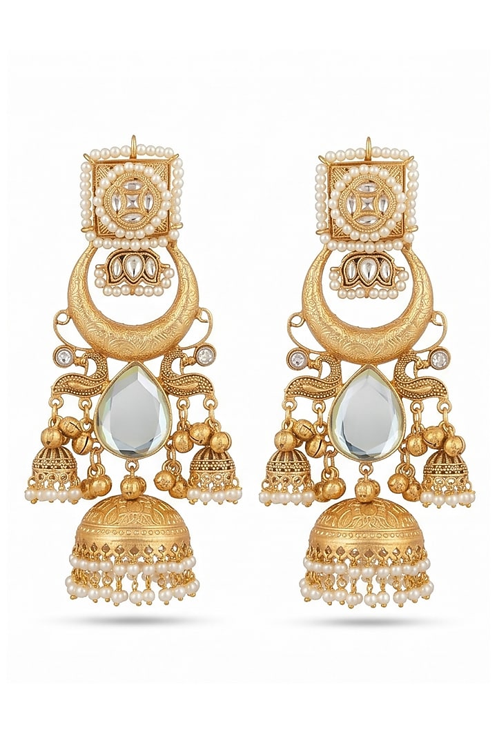 Gold Finish Mirror Stone & Pearl Jhumka Earrings by Johori at Pernia's Pop Up Shop