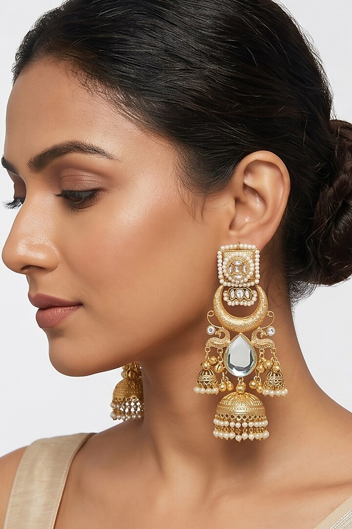 Gold Finish Mirror Stone & Pearl Jhumka Earrings by Johori at Pernia's Pop Up Shop