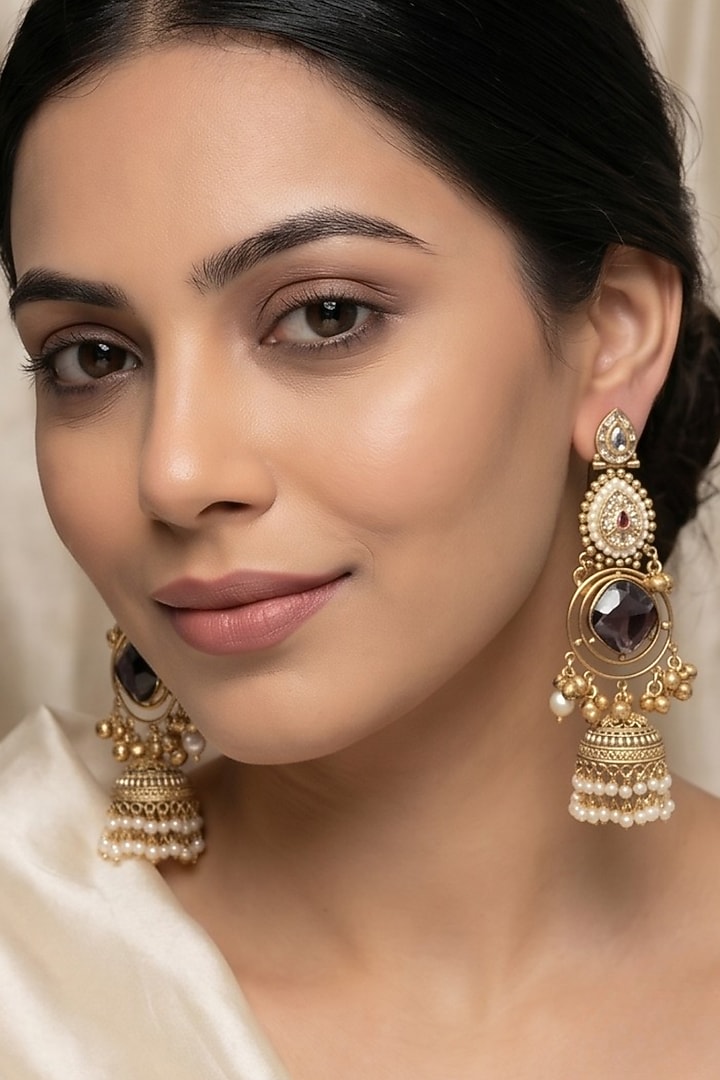 Gold Finish Purple Stone & Pearl Jhumka Earrings by Johori at Pernia's Pop Up Shop