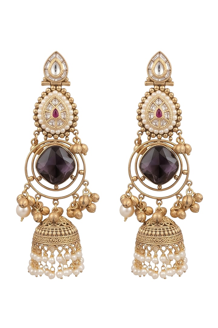 Gold Finish Purple Stone & Pearl Jhumka Earrings by Johori at Pernia's Pop Up Shop