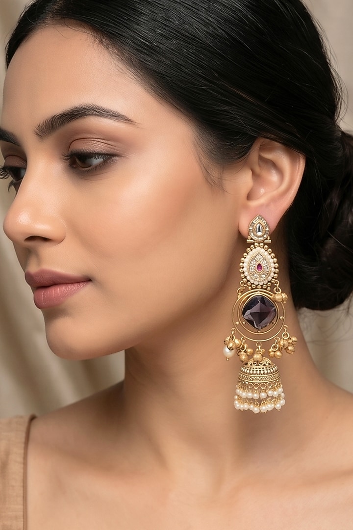 Gold Finish Purple Stone & Pearl Jhumka Earrings by Johori at Pernia's Pop Up Shop
