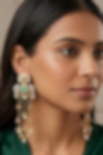 Gold Finish Emerald Stone & Pearl Temple Dangler Earrings by Johori at Pernia's Pop Up Shop