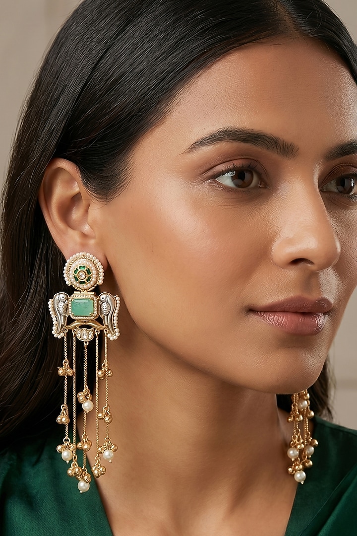 Gold Finish Emerald Stone & Pearl Temple Dangler Earrings by Johori at Pernia's Pop Up Shop