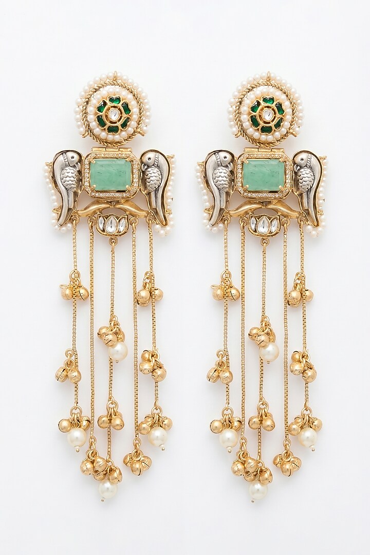 Gold Finish Emerald Stone & Pearl Temple Dangler Earrings by Johori at Pernia's Pop Up Shop