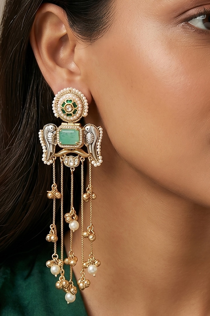 Gold Finish Emerald Stone & Pearl Temple Dangler Earrings by Johori at Pernia's Pop Up Shop