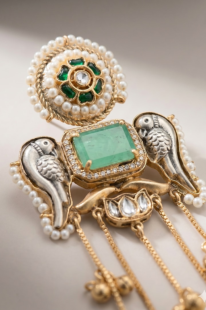 Gold Finish Emerald Stone & Pearl Temple Dangler Earrings by Johori at Pernia's Pop Up Shop