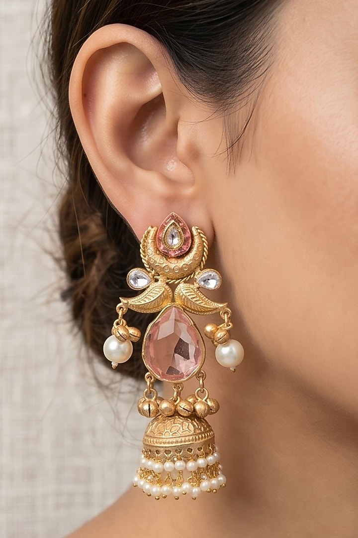 Gold Finish Pink Stone & Pearl Jhumka Earrings by Johori at Pernia's Pop Up Shop