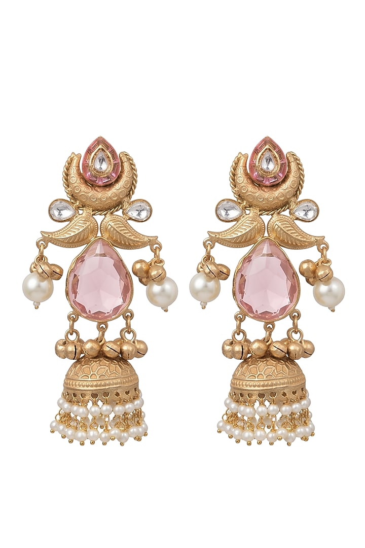 Gold Finish Pink Stone & Pearl Jhumka Earrings by Johori at Pernia's Pop Up Shop