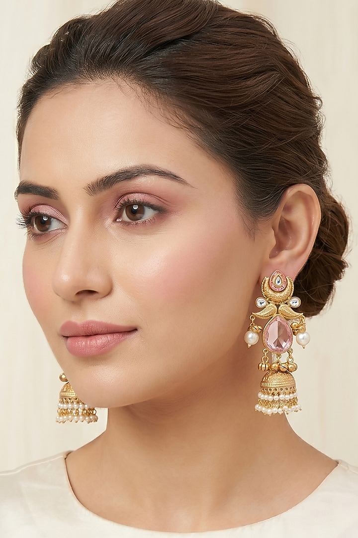 Gold Finish Pink Stone & Pearl Jhumka Earrings by Johori at Pernia's Pop Up Shop
