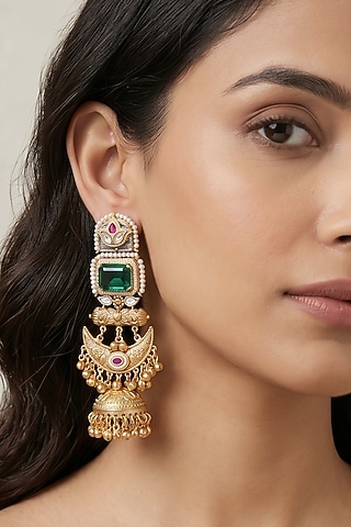 Gold Finish Green Stone & Pearl Temple Jhumka Earrings by Johori