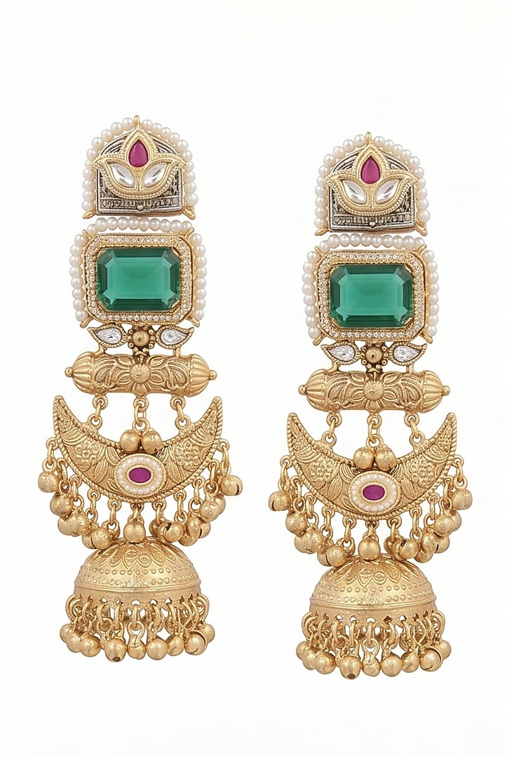 Gold Finish Green Stone & Pearl Temple Jhumka Earrings by Johori at Pernia's Pop Up Shop