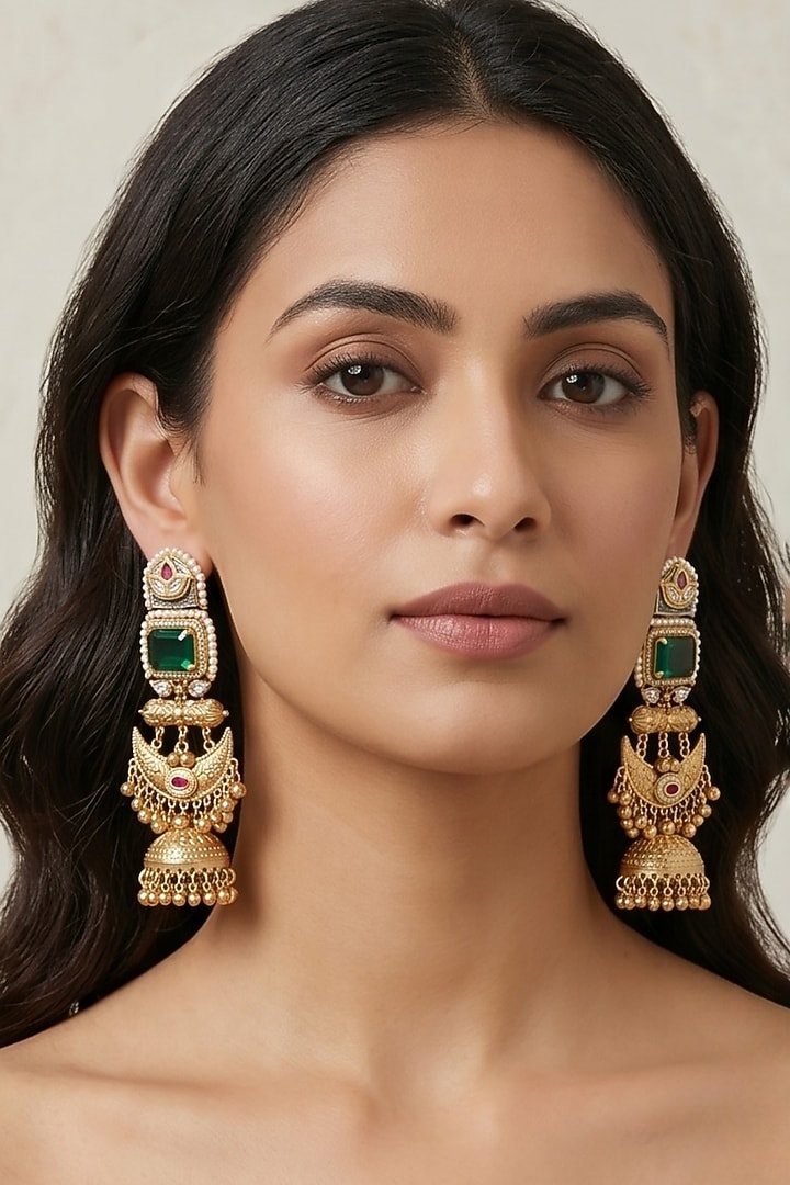 Gold Finish Green Stone & Pearl Temple Jhumka Earrings by Johori at Pernia's Pop Up Shop