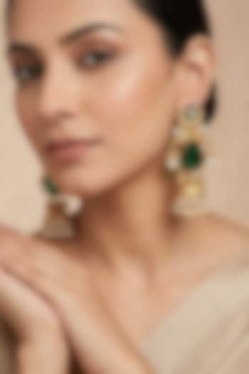 Gold Finish Green Stone & Pearl Jhumka Earrings by Johori at Pernia's Pop Up Shop