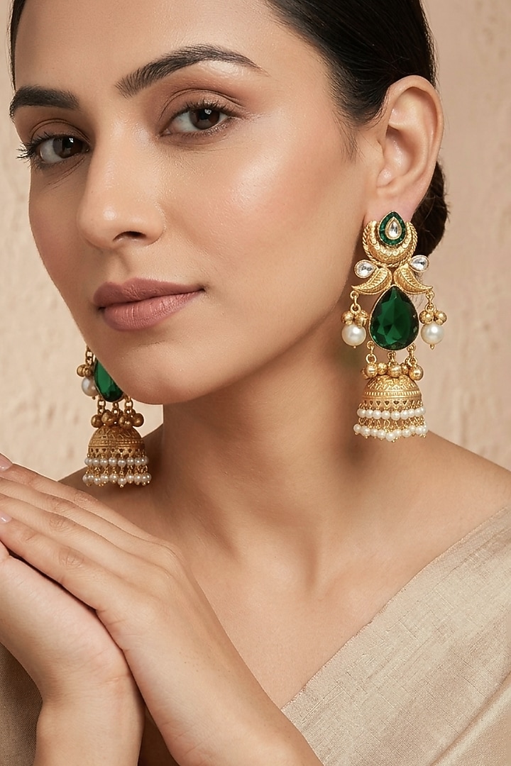 Gold Finish Green Stone & Pearl Jhumka Earrings by Johori at Pernia's Pop Up Shop