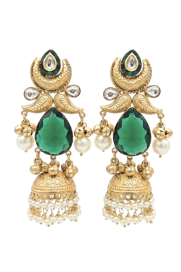 Gold Finish Green Stone & Pearl Jhumka Earrings by Johori at Pernia's Pop Up Shop