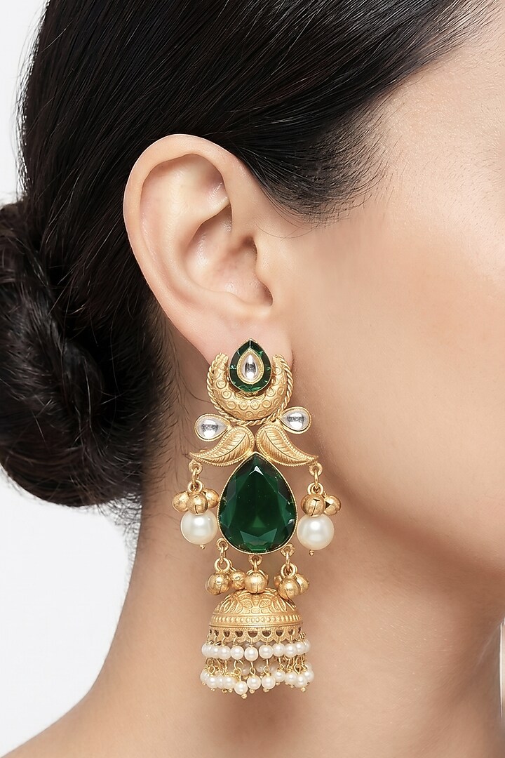 Gold Finish Green Stone & Pearl Jhumka Earrings by Johori at Pernia's Pop Up Shop