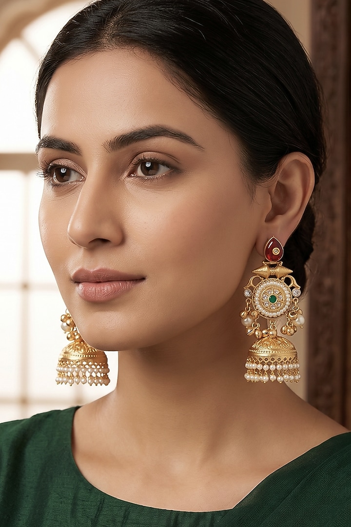 Gold Finish Ruby Stone & Pearl Jhumka Earrings by Johori at Pernia's Pop Up Shop