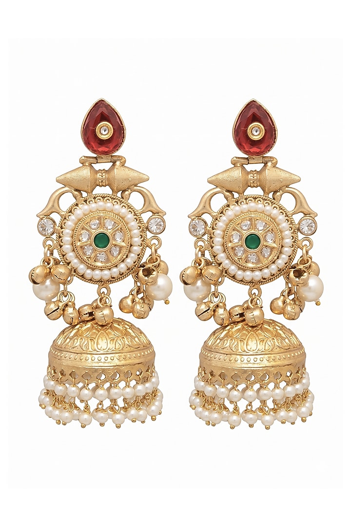 Gold Finish Ruby Stone & Pearl Jhumka Earrings by Johori at Pernia's Pop Up Shop