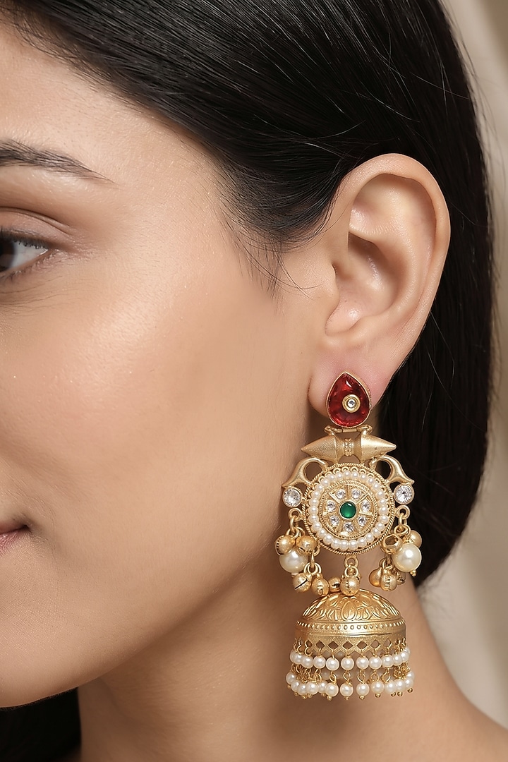 Gold Finish Ruby Stone & Pearl Jhumka Earrings by Johori at Pernia's Pop Up Shop