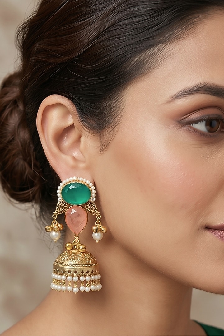 Gold Finish Multi-Colored Stone & Pearl Jhumka Earrings by Johori at Pernia's Pop Up Shop