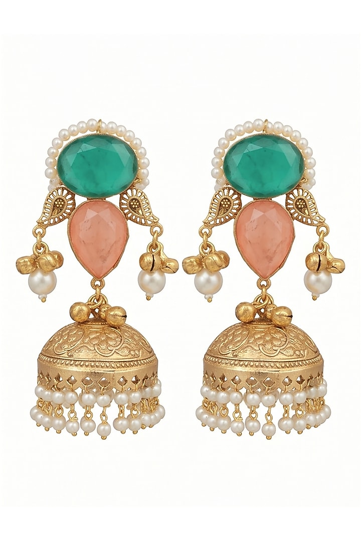 Gold Finish Multi-Colored Stone & Pearl Jhumka Earrings by Johori at Pernia's Pop Up Shop