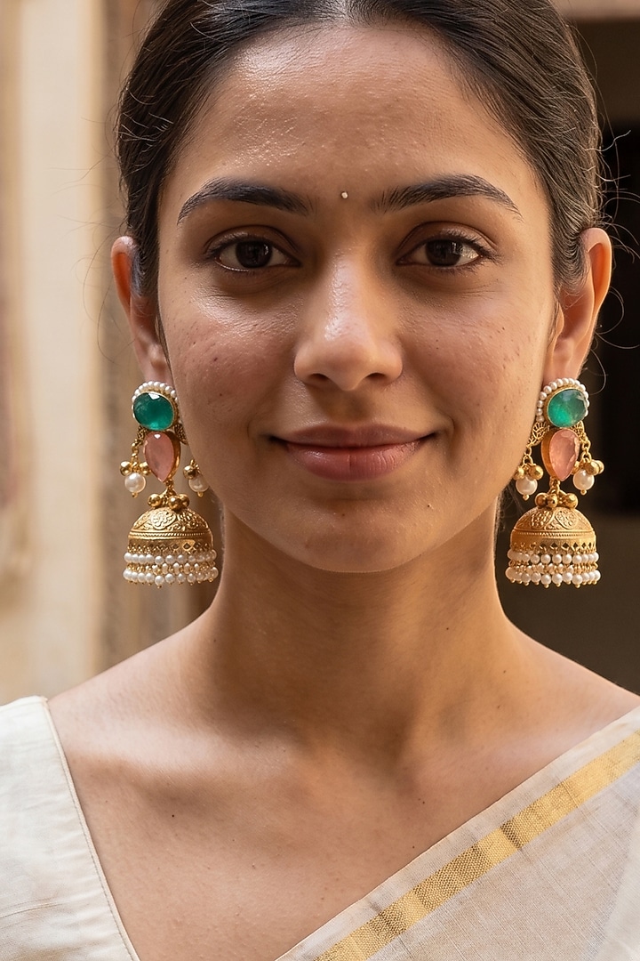 Gold Finish Multi-Colored Stone & Pearl Jhumka Earrings by Johori at Pernia's Pop Up Shop