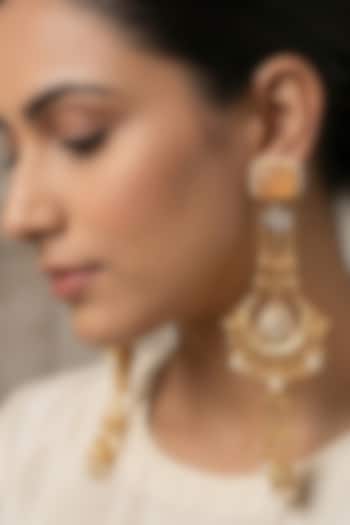 Gold Finish Orange Stone & Pearl Dangler Jhumka Earrings by Johori at Pernia's Pop Up Shop