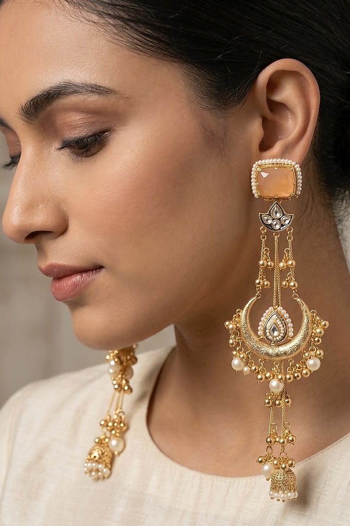 Gold Finish Orange Stone & Pearl Dangler Jhumka Earrings by Johori at Pernia's Pop Up Shop