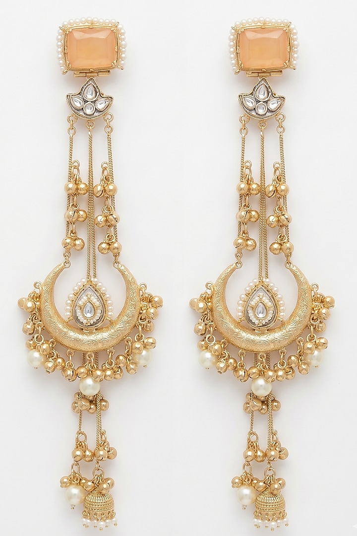 Gold Finish Orange Stone & Pearl Dangler Jhumka Earrings by Johori at Pernia's Pop Up Shop