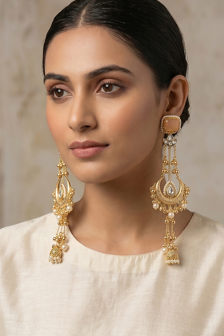 Gold Finish Orange Stone & Pearl Dangler Jhumka Earrings by Johori at Pernia's Pop Up Shop