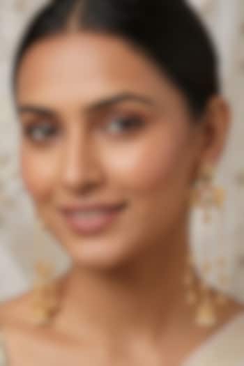Gold Finish Pink Carved Stone & Pearl Dangler Jhumka Earrings by Johori at Pernia's Pop Up Shop