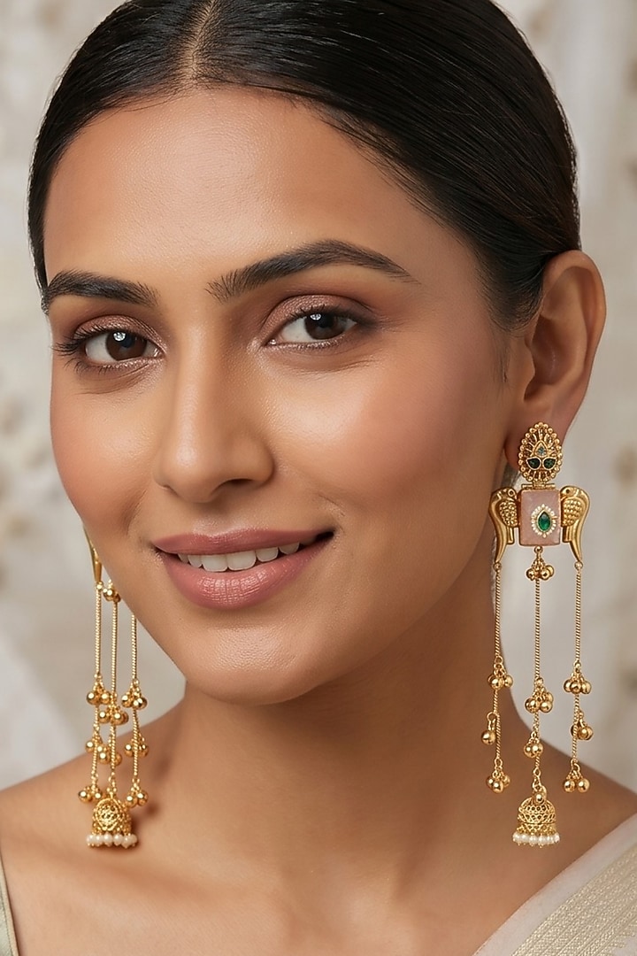 Gold Finish Pink Carved Stone & Pearl Dangler Jhumka Earrings by Johori at Pernia's Pop Up Shop